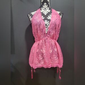 Victoria's Secret Negligee Night Gown Punk Deep V Pink Lace Halter Top Y2K Sz XL